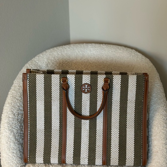Tory Burch Olive and Cream Striped Tote - Picture 1 of 4